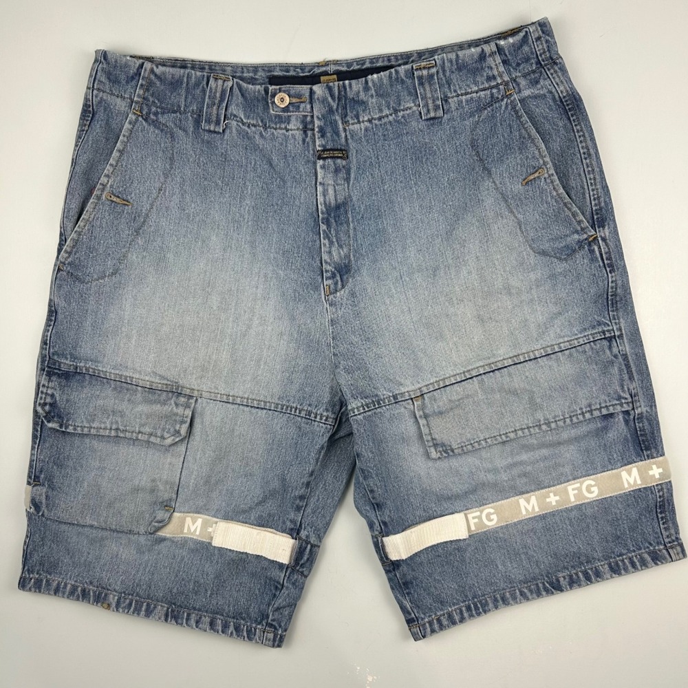 Marithe Francois Girbaud Mens 42 Cargo Denim Shorts Light Wash Baggy M+FG Straps